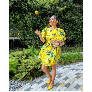 H&M Yellow Lemons Leaves Dress Puff Sleeves